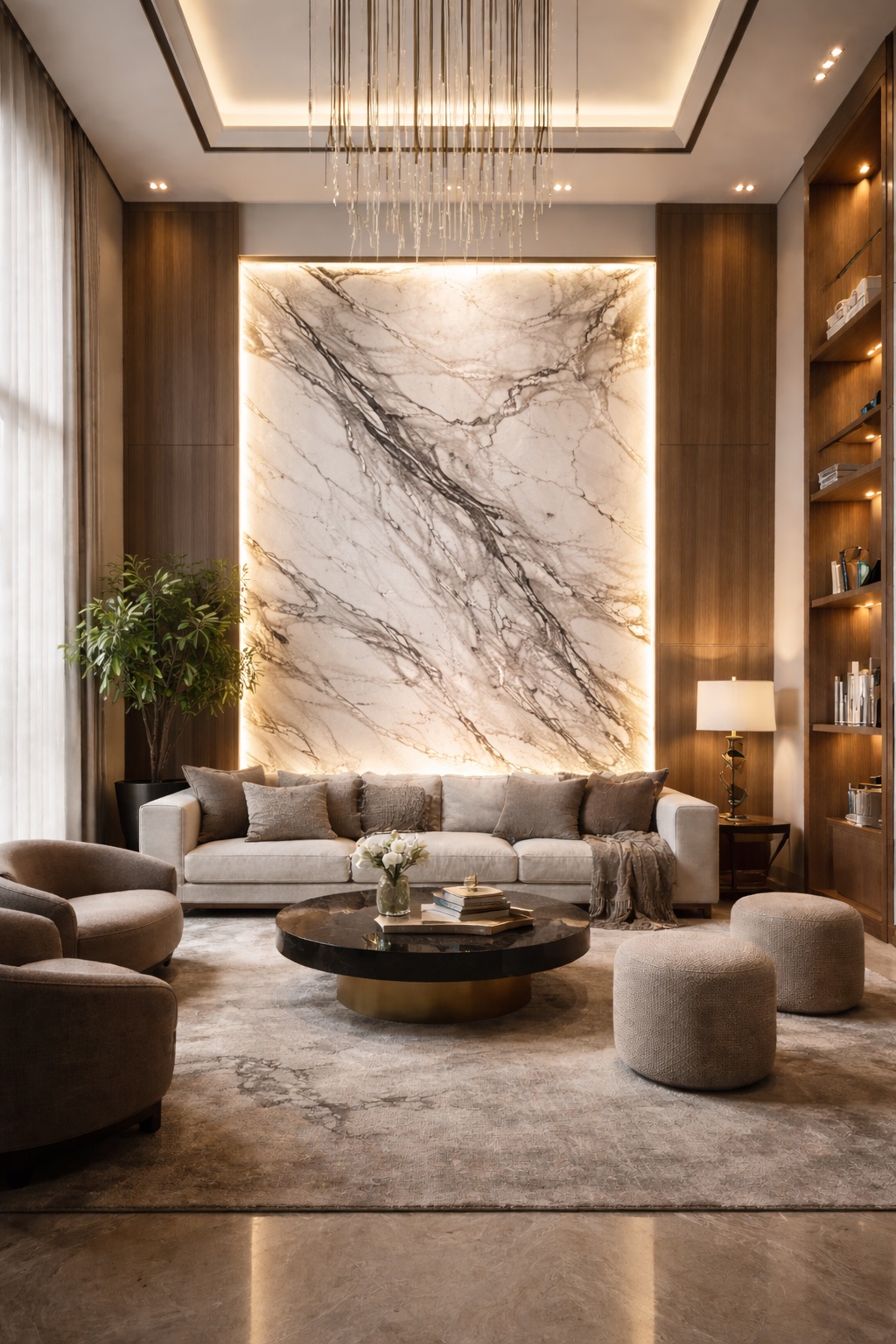 Luxury marble accent wall in living room