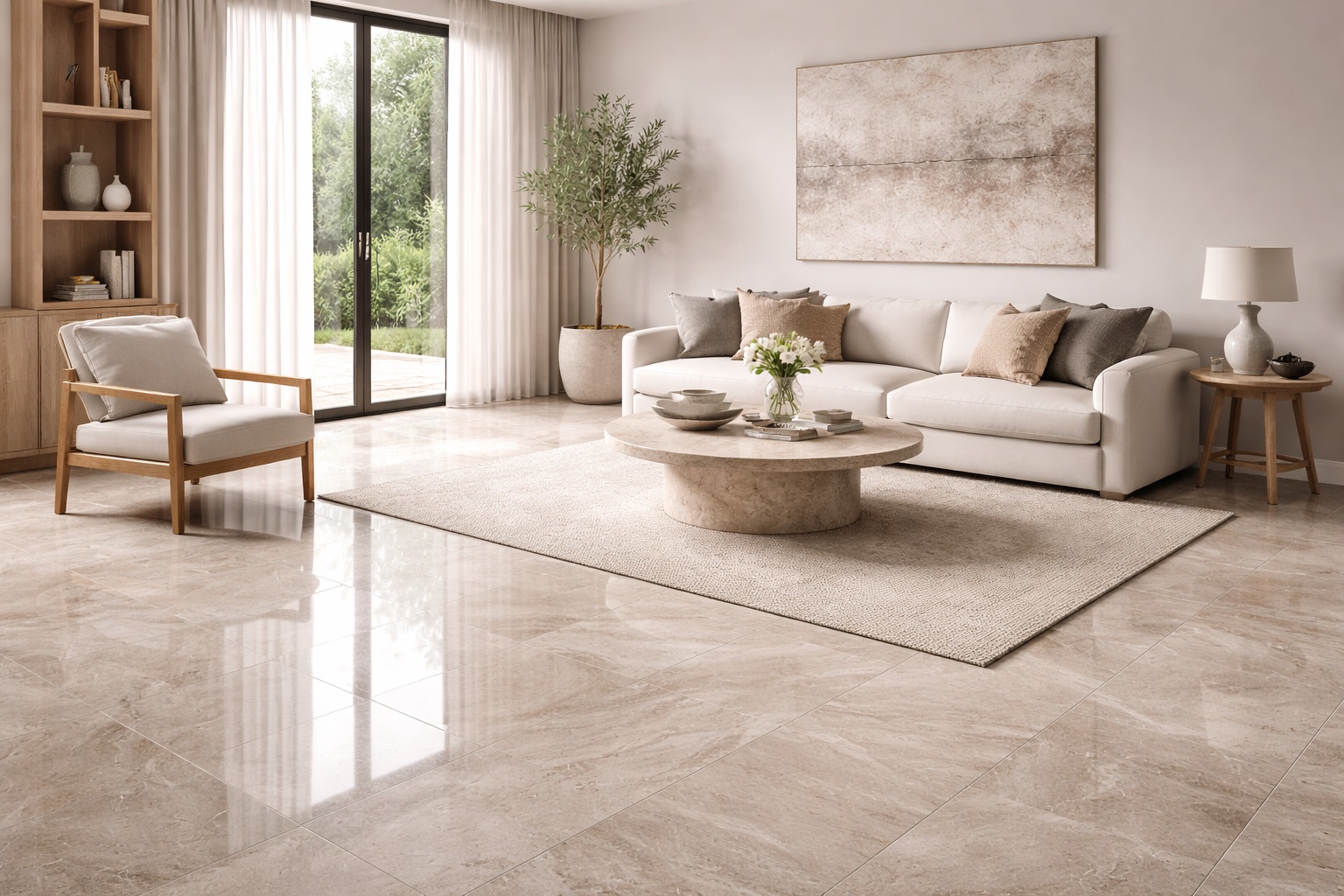 Elegant living room with marble flooring