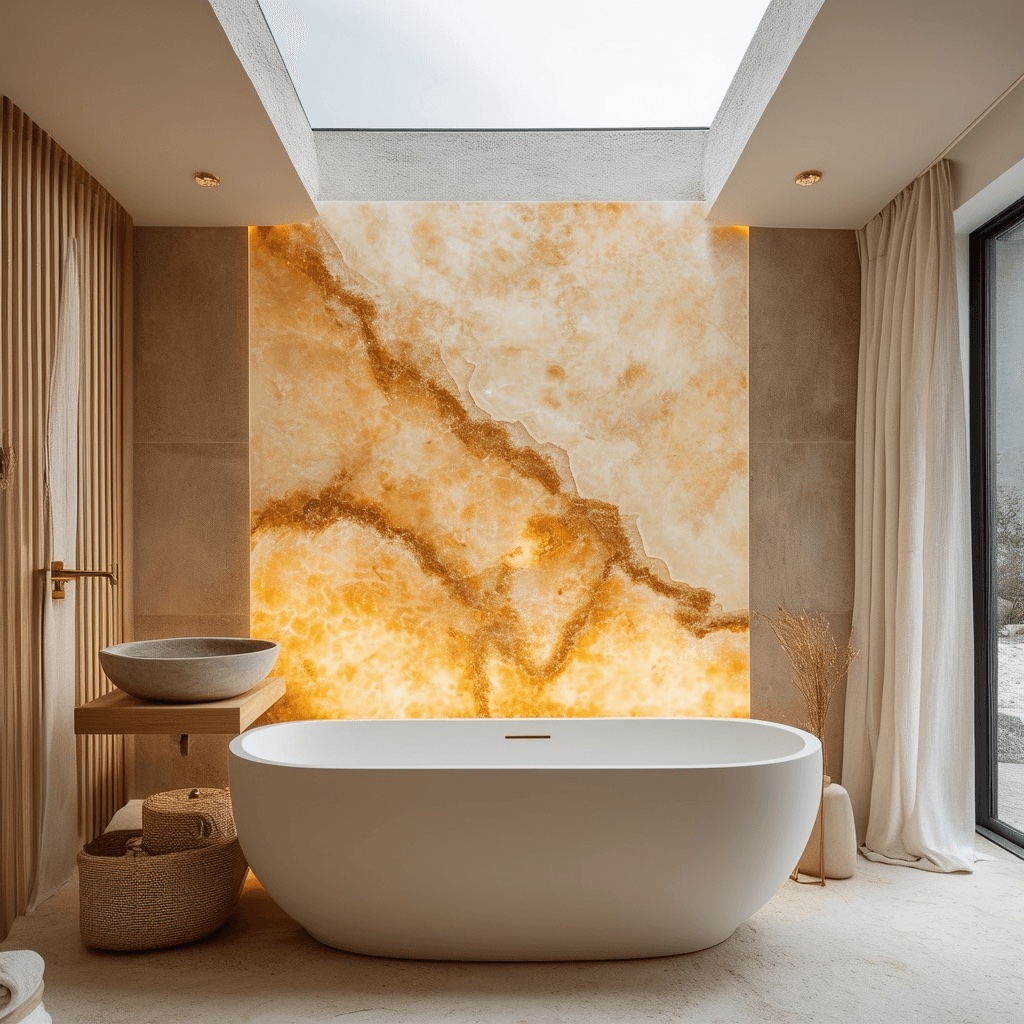 Backlit honey onyx statement wall in bathroom