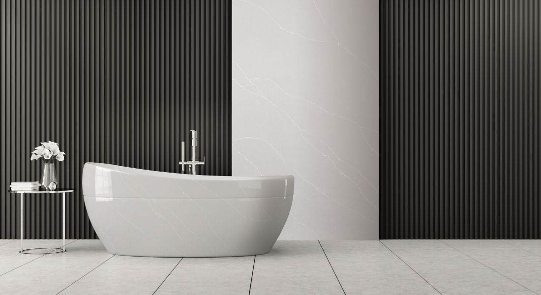 Calacatta Grey Rafeal Paradigm quartz slab detail in Jaipur — KAVITA Stone Boutique